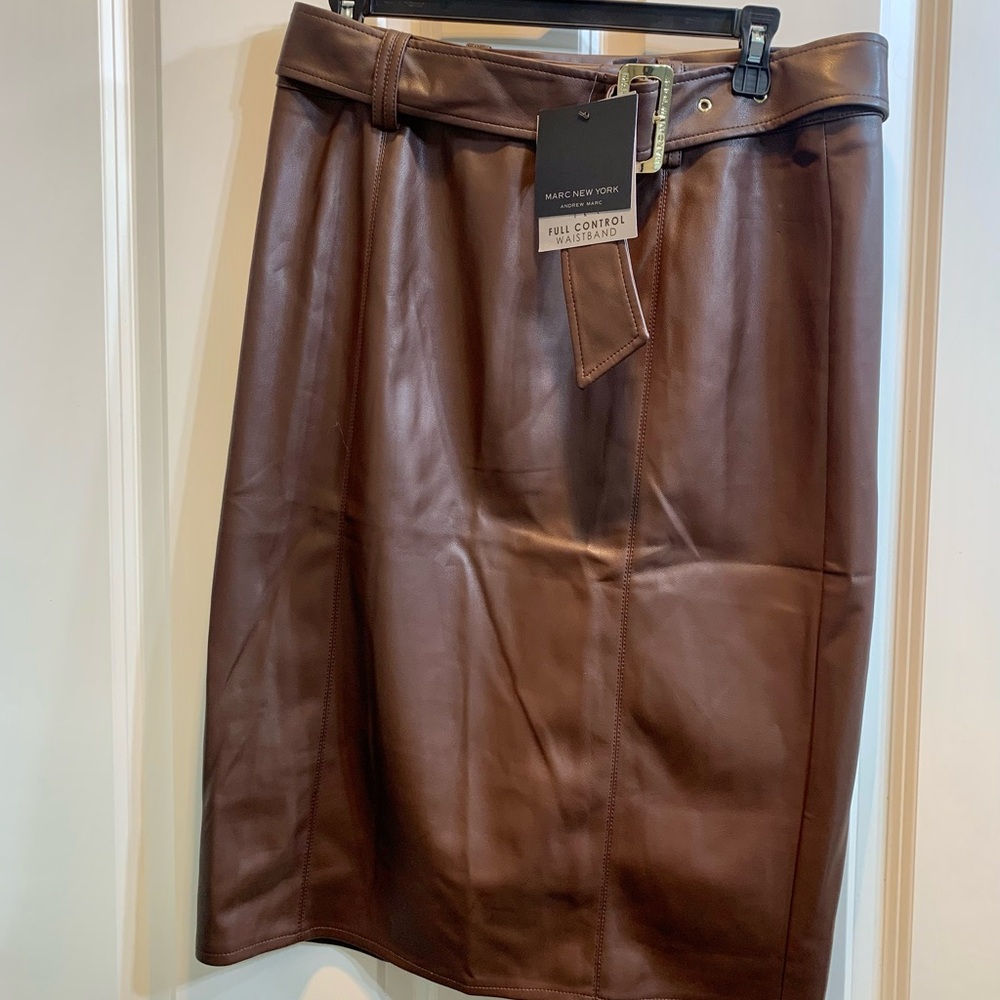 Marc New York Dark Brown Faux Leather Pencil Skirt with Belt - Picture 2 of 8